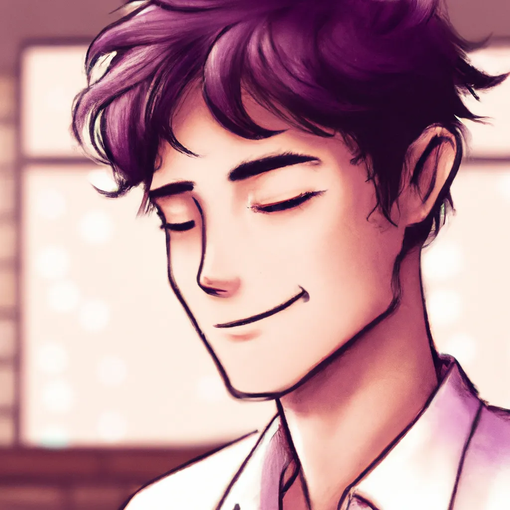 Prompt: Anime art, afternoon, warm detailed colorful slice-of-life miyazaki anime art, beautiful miyazaki-style art, cute Australian man with short medium dark brown hair at a coffeeshop, wearing lavender dress shirt, profile picture, smiling for camera, face focus, looking at camera