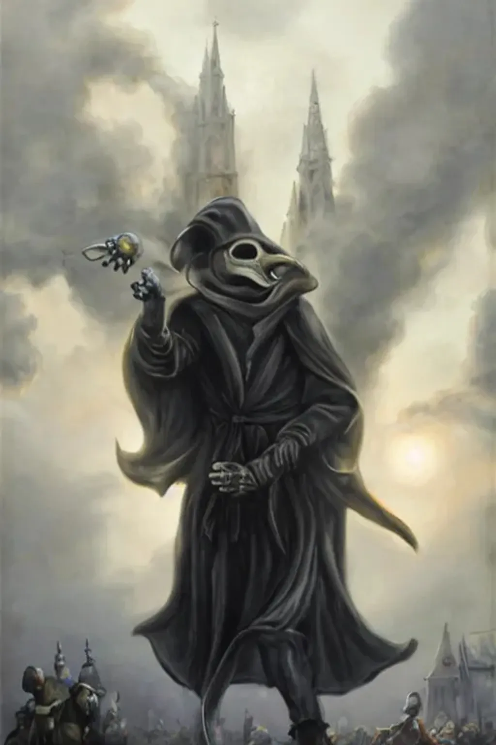 Prompt: plague doctor, cathedral background, high fantasy art, oil painting, ultra realistic, regal