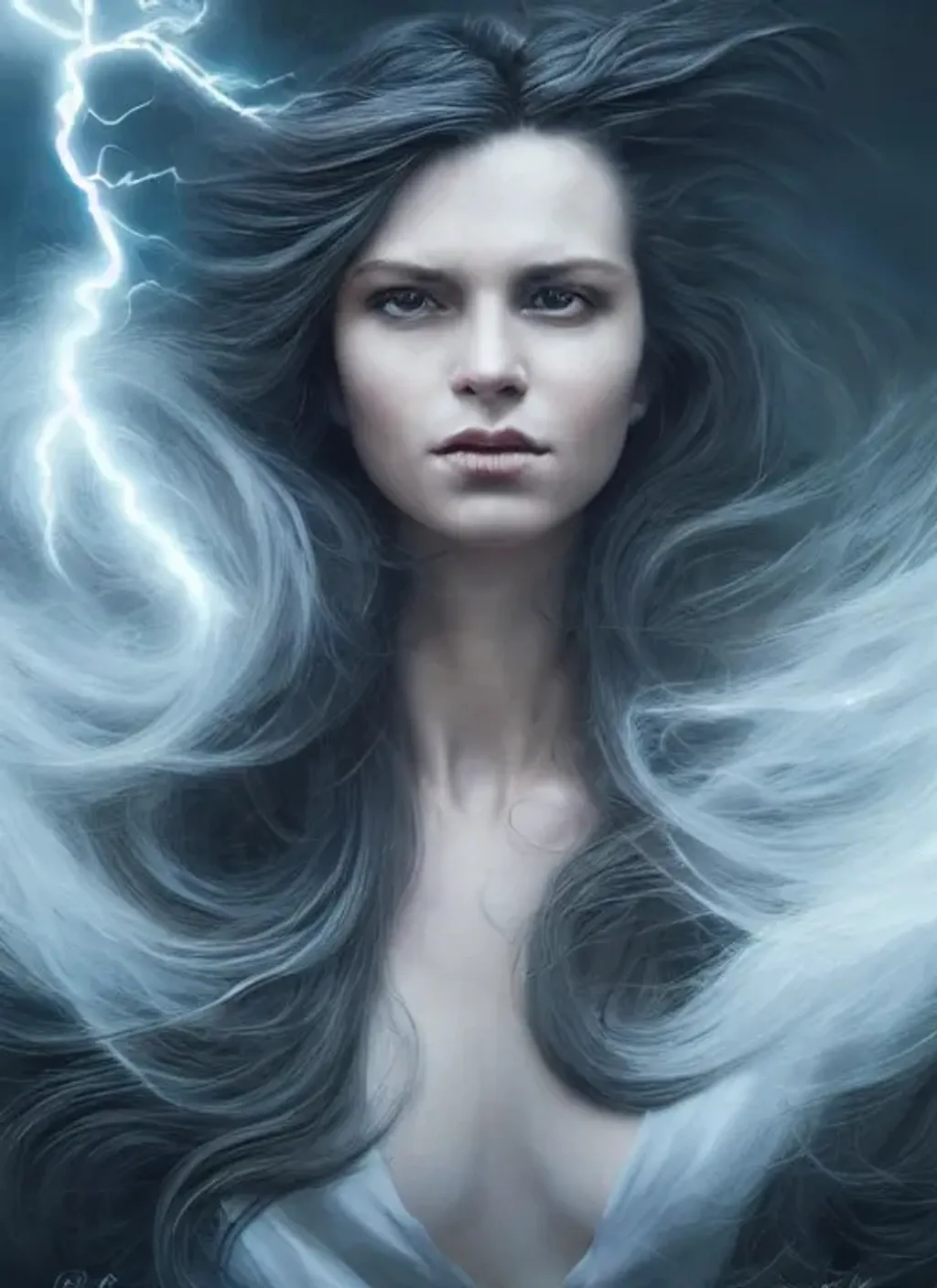 Prompt: Portrait of A powerful woman with long, flowing hair and piercing eyes, wielding lightning bolts and surrounded by swirling winds, perfect composition, hyperrealistic, super detailed, 8k, high quality, trending art, trending on artstation, sharp focus, studio photo, intricate details, highly detailed, art by greg rutkowski