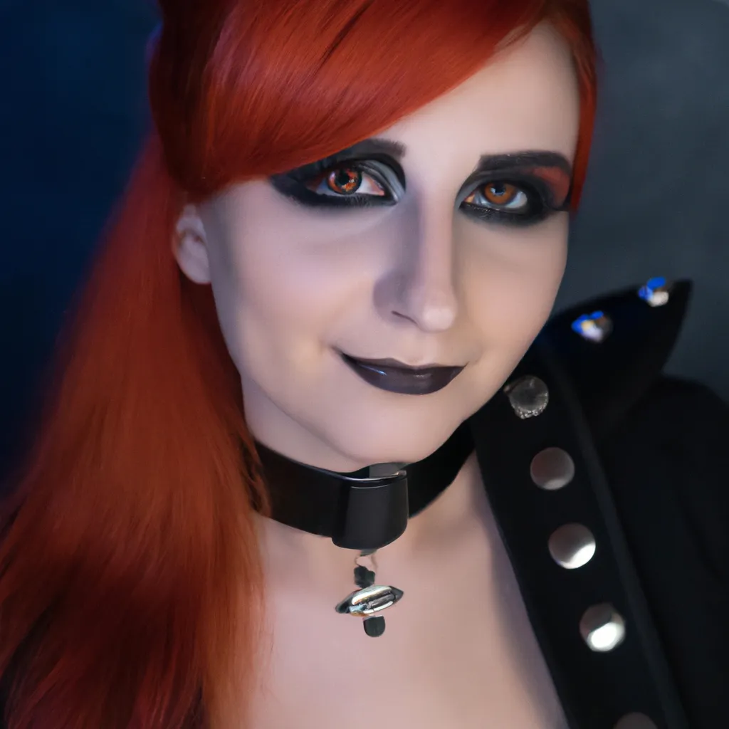 Prompt:  a very beautiful woman with red hair and black makeup and a goth choker with spikes, Cosplay photoshoot 