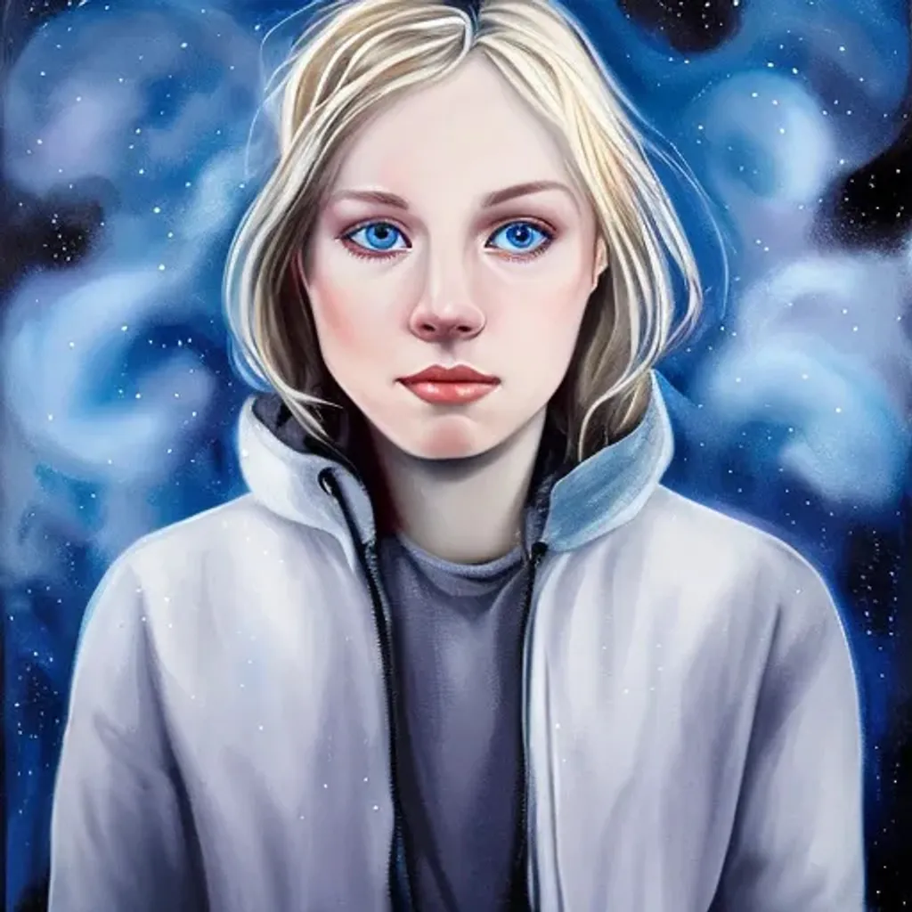 Prompt: Facial portrait of a pretty cute teen girl, nordic, pale skin, blonde hair, short hair,light blue eyes, cold weather, jacket, dark forest, dark night sky, cold blue colors, looking at the camera, extremely detailed painting