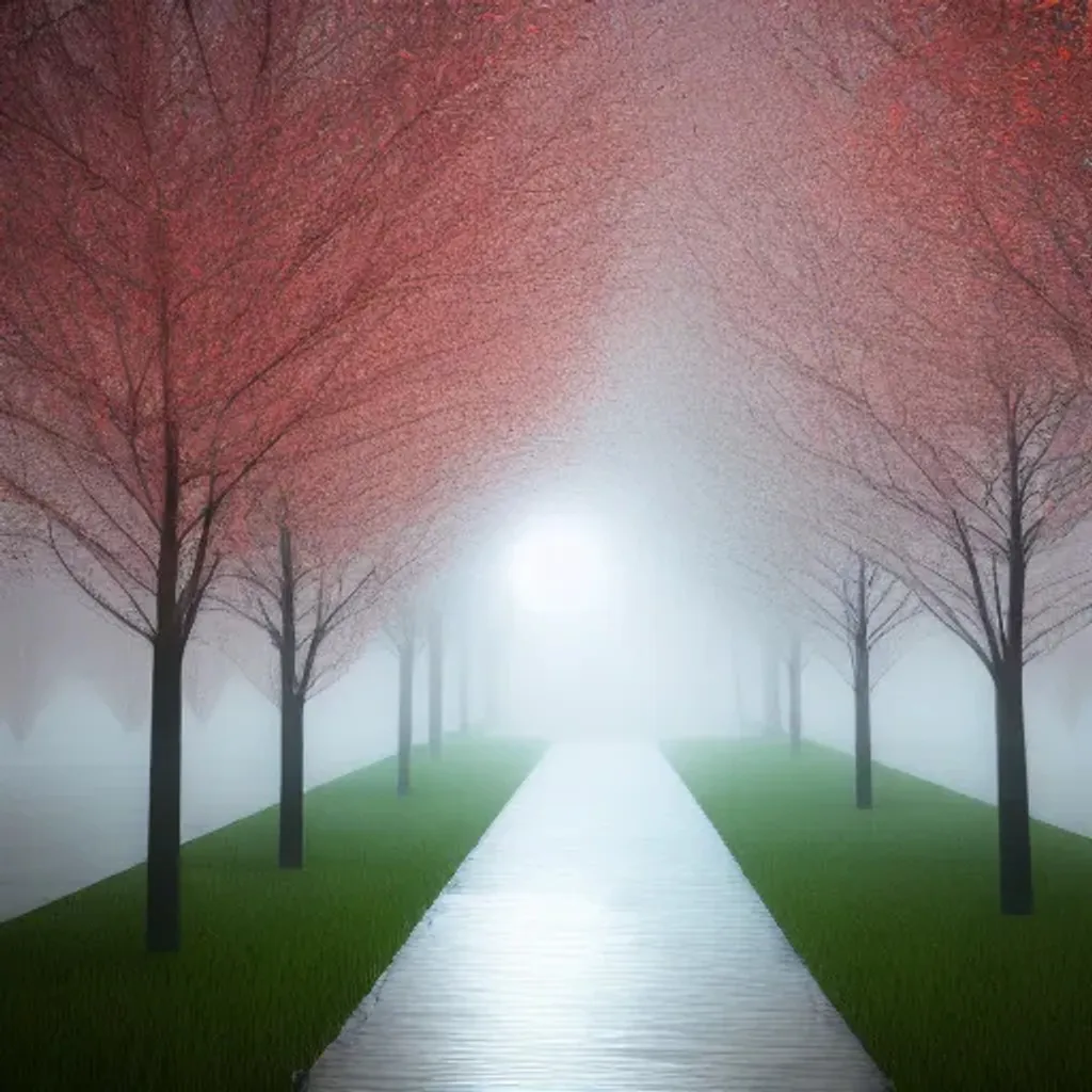 Prompt: low poly cherry trees in creepy park with river and fog at night