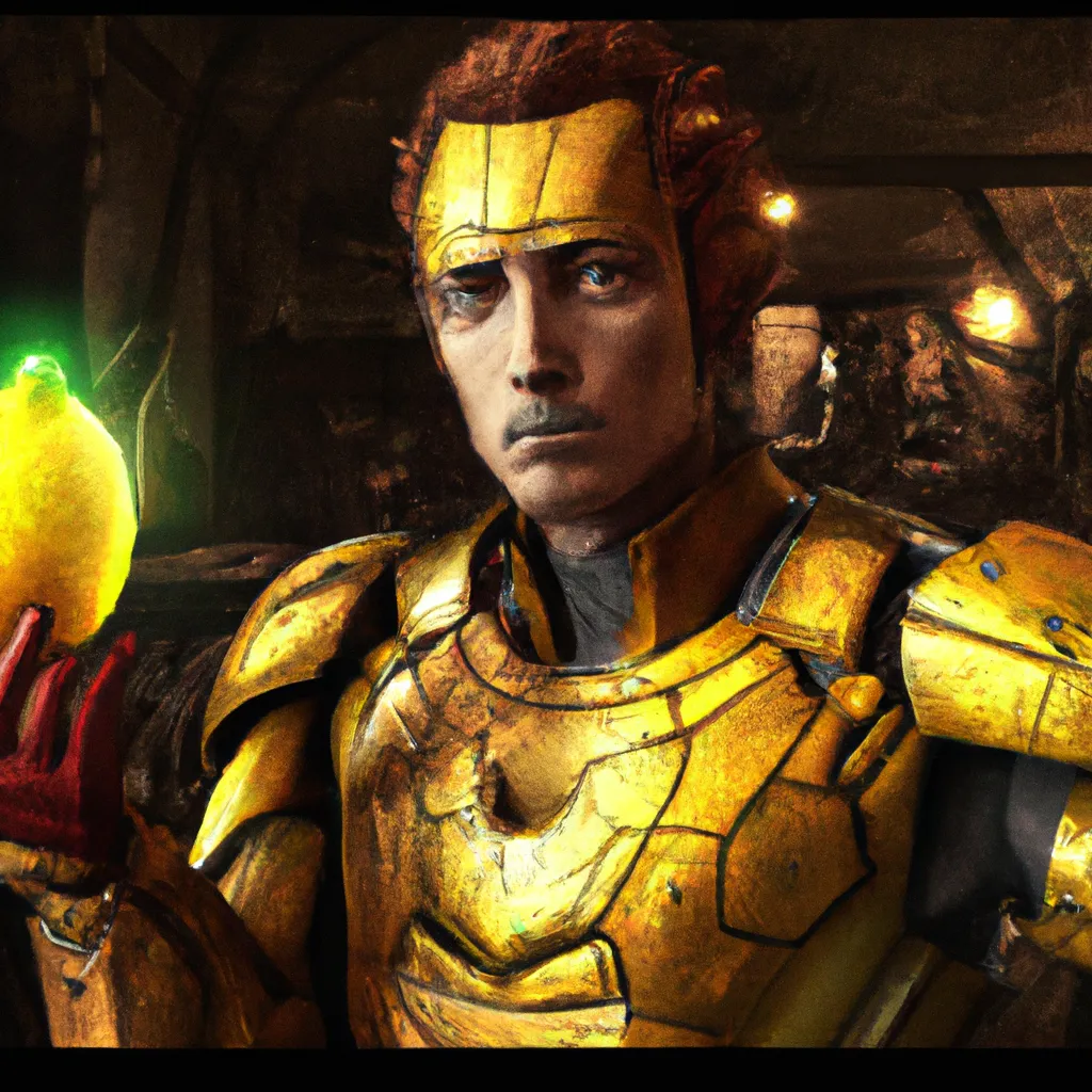 Prompt: a Dramatic comic book shot of the iron man suit based off of a very yellow lemon, LEMON head, Renaissance portrait, highly detailed, elaborate, heroic fantasy, Latour, Philippe de Champaigne, Rika Suzuki, lemon character, by artgerm, HD, hdr, ue 5, ue 6, unreal engine 5, realistic anime 3 d style, cinematic 4 k wallpaper, 8 k, ultra detailed, GTA V cover art, high resolution, artstation, award winning, Comic book bold lines