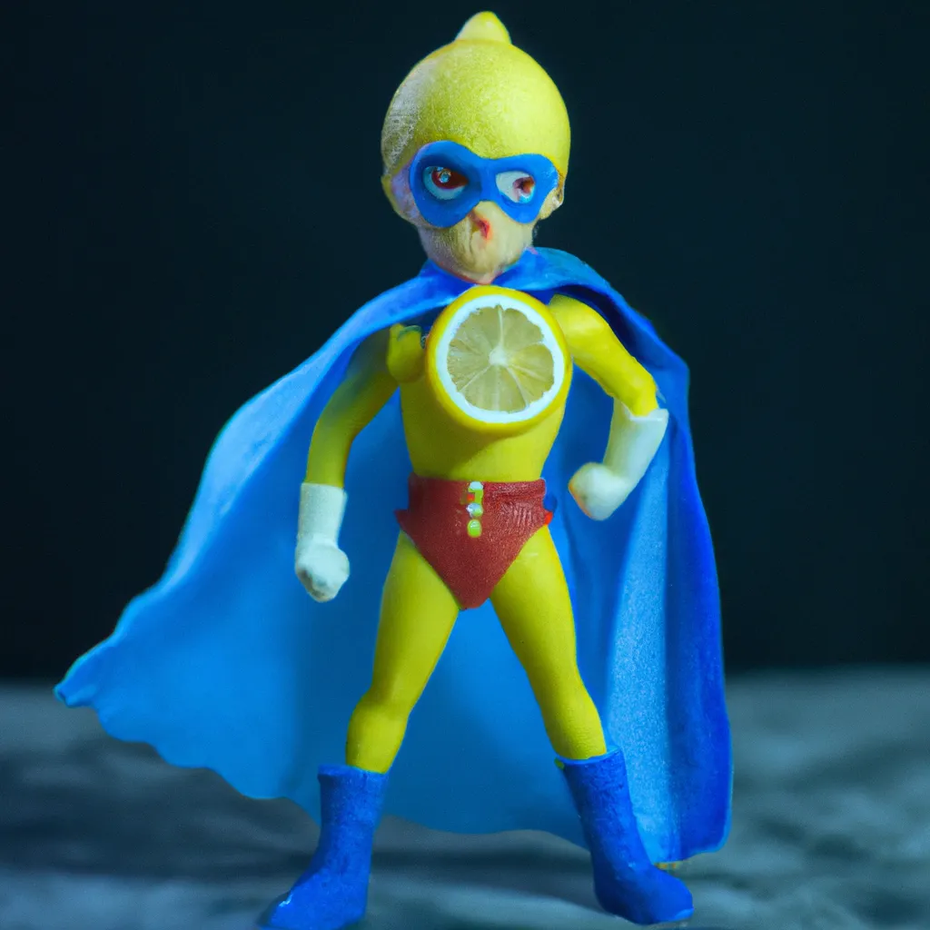 Prompt: A product photo of a lemon character action figure with a blue cape and mask, 8k, Nikon action photography 