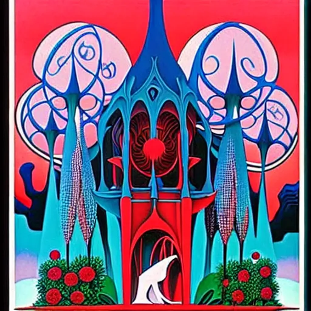 Prompt: House of the fulfillment, 
House of the togetherness, impressive surrealist painting by Tim Burton and Sho Murase and eyvind earle.  Architecture advertisements. Esthetic Neighborhoods. Floral explosion. Rich fauna. Organic biopunk. Dystopian wasteland.