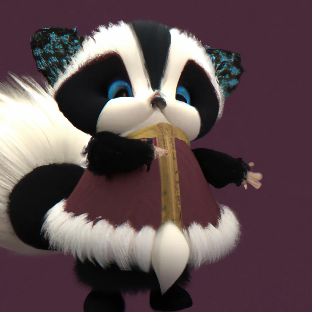 Prompt: High quality, Pixar style, tiny cute and adorable fluffy skunk  dressed in fantasy clothes, fantasy outfit, fantasy dress, small, adorable!, spotted skunk, anthropomorphic ,dnd, adventurer, dramatic lighting, 8k, portrait, cartoon, fine details, 3d render, cinematic ,intricate details, cinematic lighting, character design, character concept, cute, mascot,  adventure, dungeons and dragons, 8k, fluffy!, tsaoshin, pixar movie key visual, fantasy, DnD, adorable!, big eyes, animated, disney, anime, animation