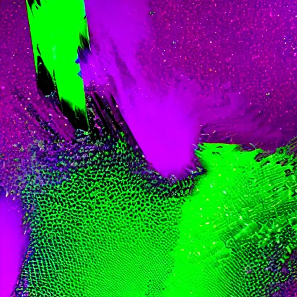 Prompt: bright neon green, ambiguous splashed on purple Dark Matter.