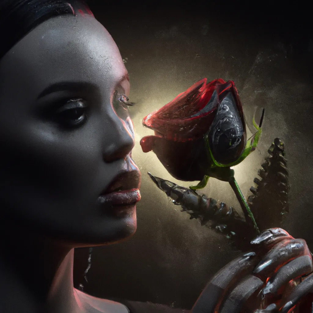 Prompt: Advertisement photoshoot. Beautiful Morticia Adam is posing with a beautiful red rose flower with stalk. Subject is smelling the flower. Condensation formed on the flower. Photorealistic hyperrealistic close up high speed render. Face must be visible. Beautiful smooth contrast, soft color palette, smooth curves, dark background, beautiful highly detailed droplets, reflections and refractions, dark studio backdrop, Beautiful studio lighting, Nikon Z7, ISO 400, Sigma 85mm f4.5 DG DN, aperture f/11, exposure 1/2000, studio lights, centered face.
