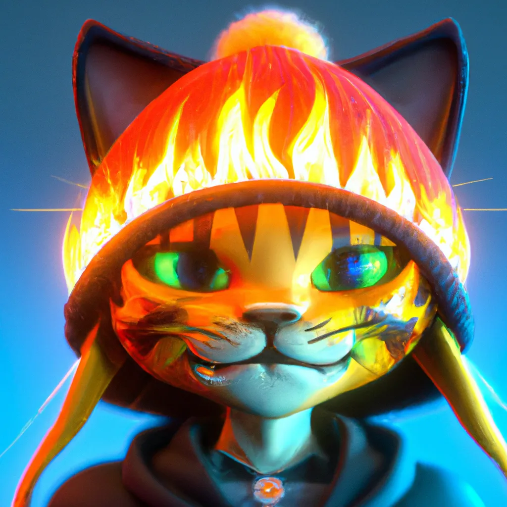 Prompt: A cool Anime character, half cat half jack-o-lantern with blue eyes wearing a beanie, on fire at a concert hall, a character portrait by Andrei Kolkoutine, Artstation, sots art, 3d game art, quantum wavetracing, dark and mysterious