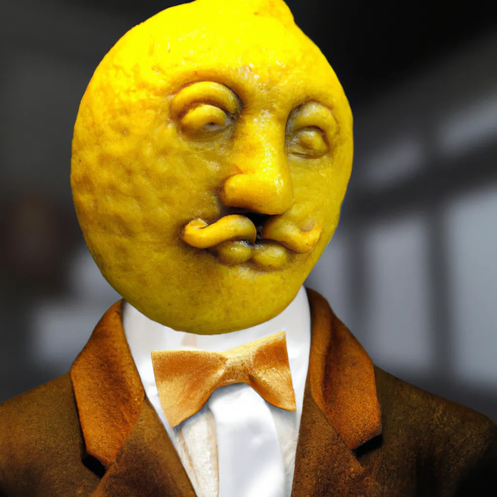 Prompt: A yellow lemon in a suit and tie by Leonardo da Vinci, portrait, high-detail, 8k