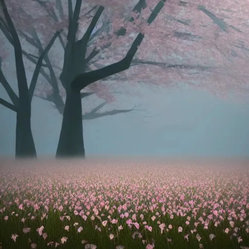 Prompt: low poly cherry blossom tree in the fog, in the morning, soft colors