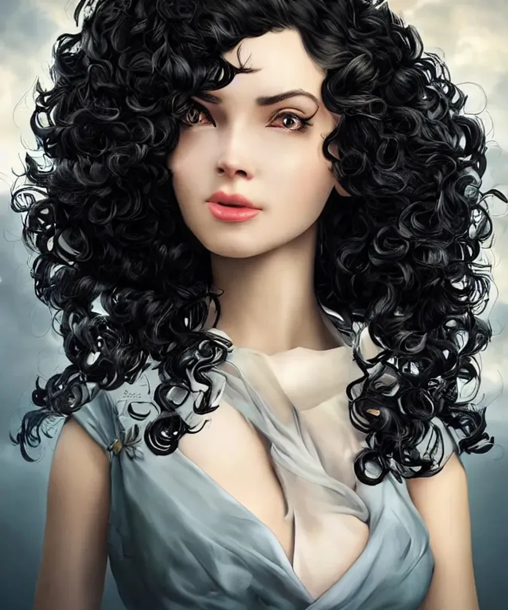 Prompt: hightly detailed, hyper realistic, photographic image, wide angle lens, a gorgeous woman with curly black hair, artgerm, award-winning cgi 