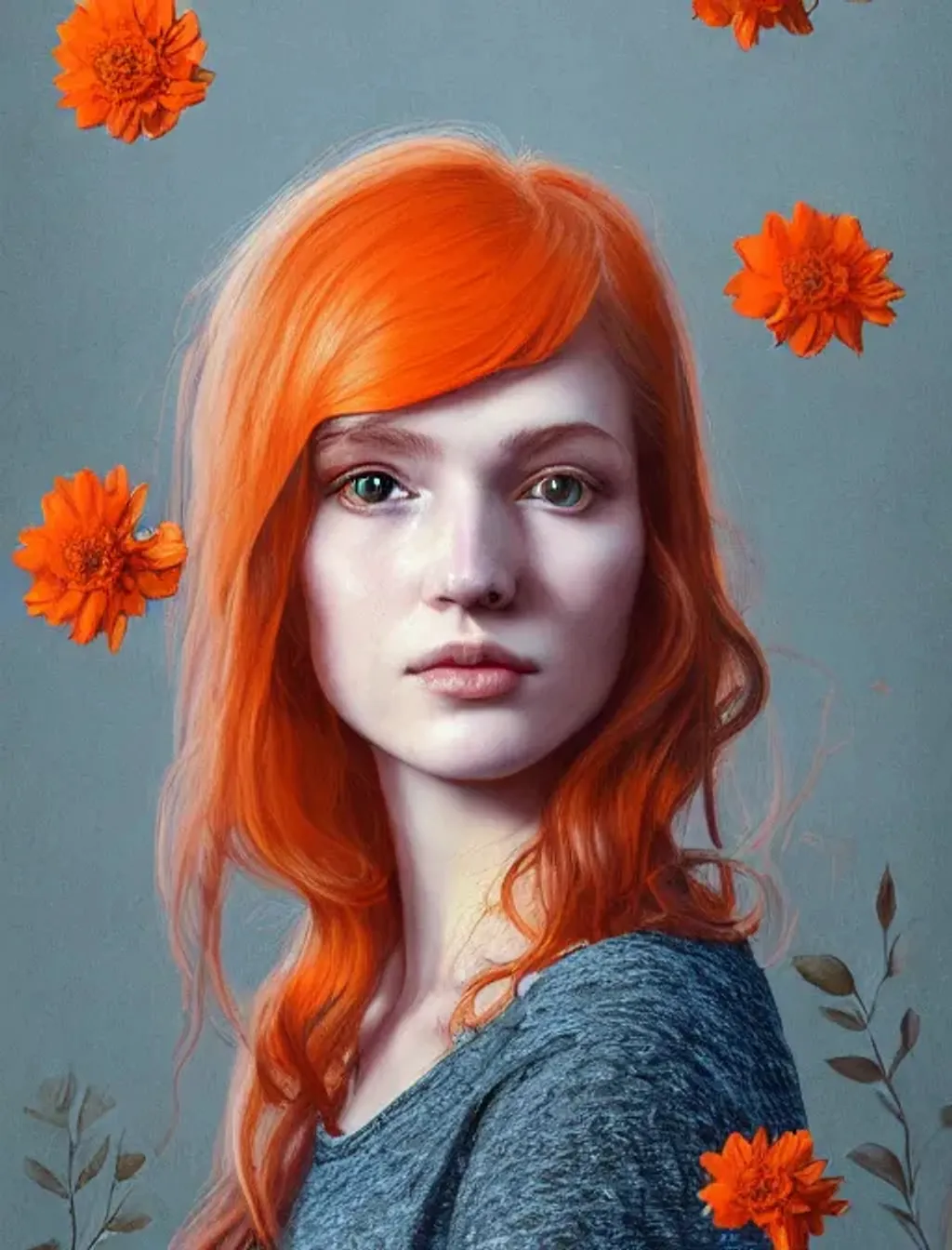 Prompt: Portrait of {woman} with {orange} hair and with cute face, {flowers}, perfect composition, hyperrealistic, super detailed, 8k, high quality, trending art, trending on artstation, sharp focus, studio photo, intricate details, highly detailed, by greg rutkowski