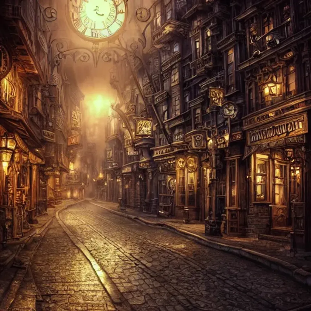 town, beautiful street, Wood, metal, steampunk, cloc...