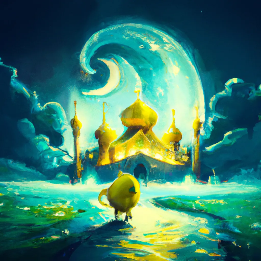 Prompt: lemon walking towards a mosque surrounded by galaxy nebula clouds, highly detailed, digital art, backlit, full moon , a disney character design art