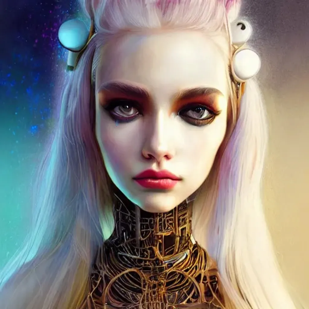 Prompt: soft lustrous ivory biotech raver clowncore madison beer gothic cyborg, earbuds, golden ratio, details, sci - fi, fantasy, cyberpunk, intricate, decadent, highly detailed, digital painting, ever after high, octane render, artstation, concept art, smooth, sharp focus, illustration, art by artgerm, loish, wlop 