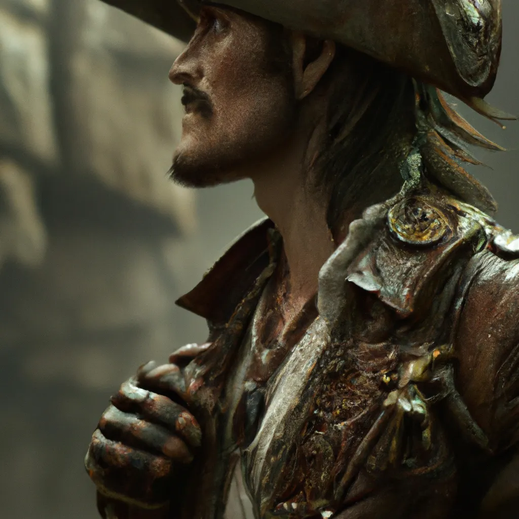 Prompt: A pirate captain with a hook hand and an eyepatch, a leather jacket over his shoulders, by greg rutkowski hole body and face is visible , digital Art, perfect composition, beautiful detailed intricate insanely detailed octane render trending on artstation, 8 k artistic photography, photorealistic concept art, soft natural volumetric cinematic perfect light, chiaroscuro, award - winning photograph, masterpiece, oil on canvas, raphael, caravaggio, greg rutkowski, beeple, beksinski, giger