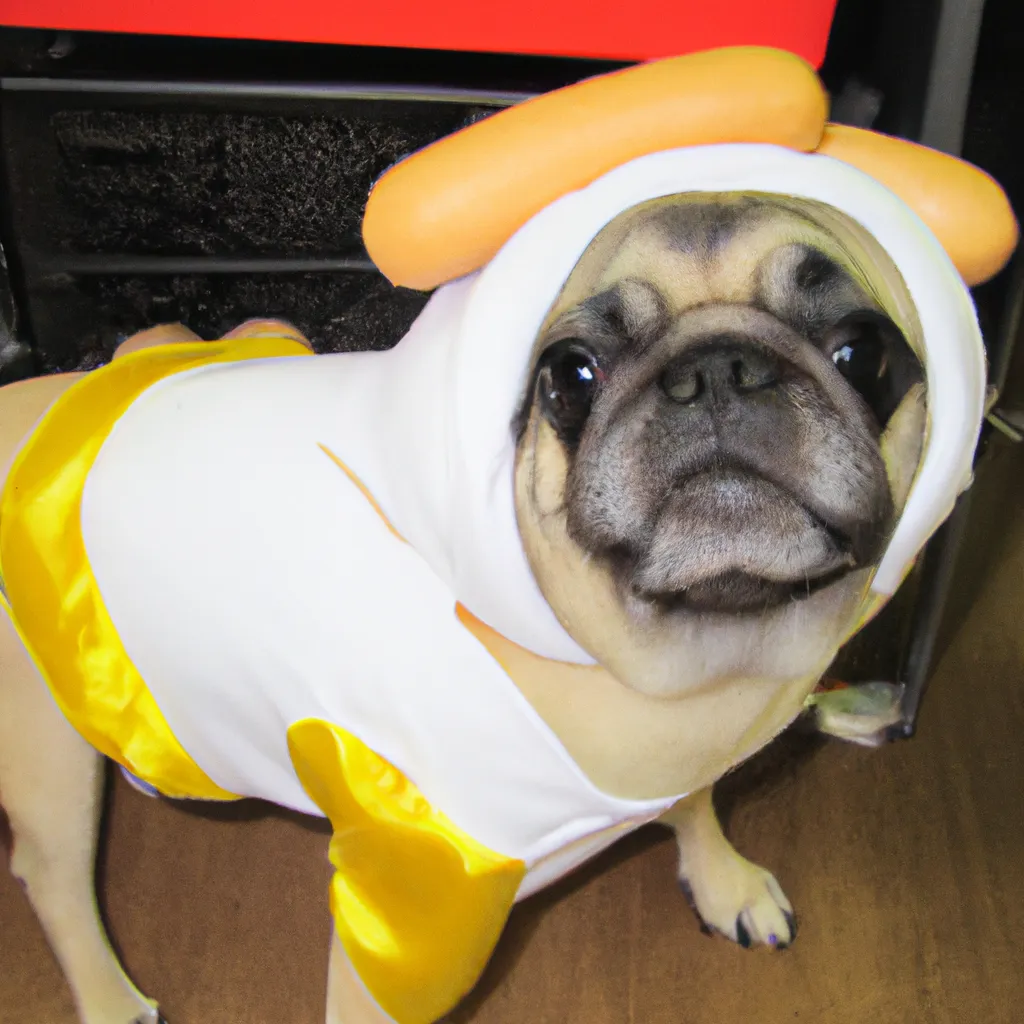 Prompt: photo of a hot dog costume pug