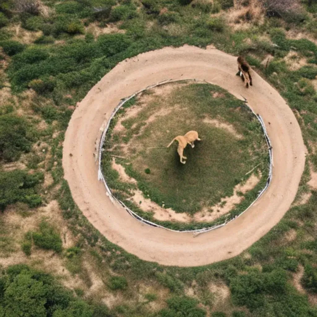 Prompt: A national geographic photo of lions walking in a large circle, drone shot