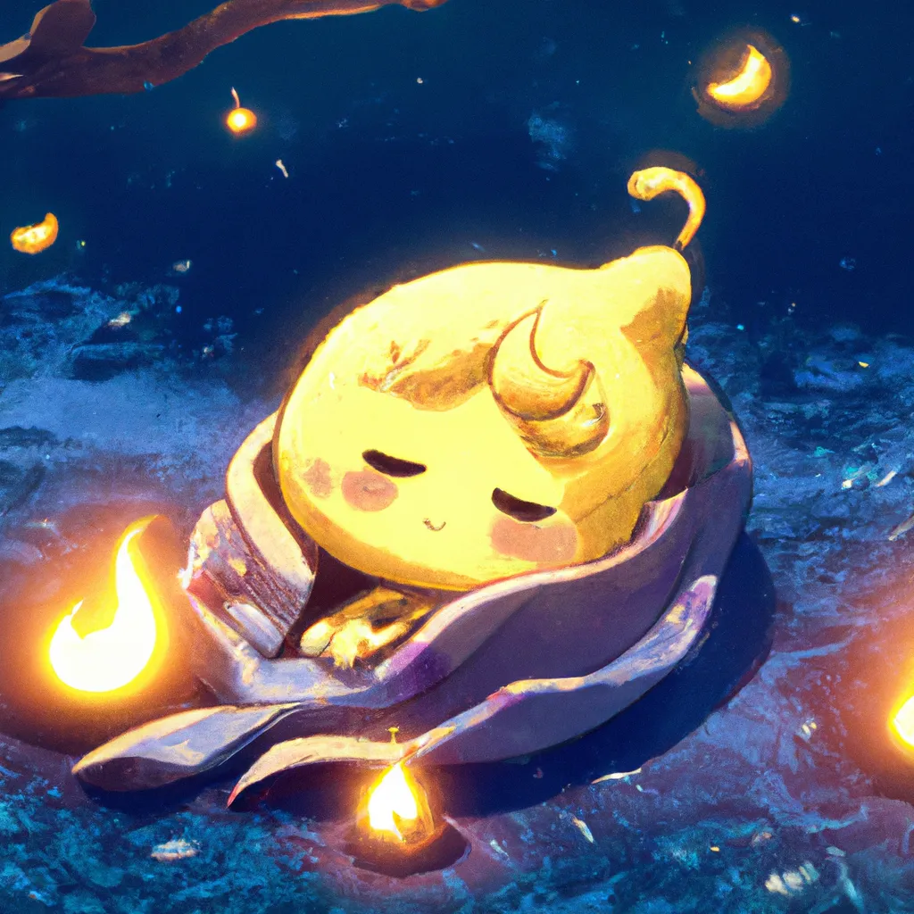 Prompt: Key Disney Visual of an enthusiastic  cute anime lemon critter,  sleeping under a blanket by a cozy fire, background is a forest, green and dark blue and pink colour palette; Digital art, trending on artstation, Photorealistic Illustration, anime key visual, cinematic, Ultra Detailed , trending on pixiv, kawaii eyes , lofi