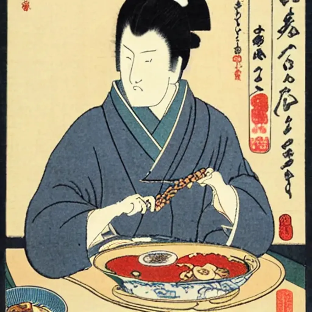 Prompt: Ukiyo-e, westerner, a foreigner wearing a colonial western clothes is eating a fancy bowl of ramen.