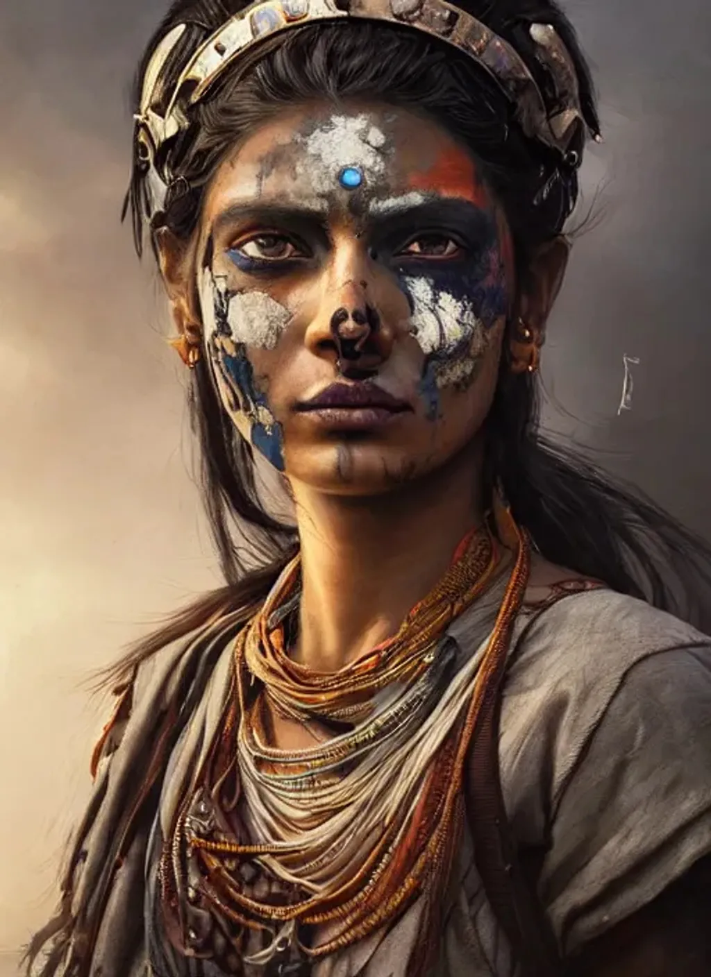 Prompt: portrait painting of a post - apocalyptic indian lady with warpaint on her face wearing rusty samurai armor, ultra realistic, concept art, intricate details, eerie, highly detailed, photorealistic, octane render, 8 k, unreal engine. art by artgerm and greg rutkowski and charlie bowater and magali villeneuve and alphonse mucha 