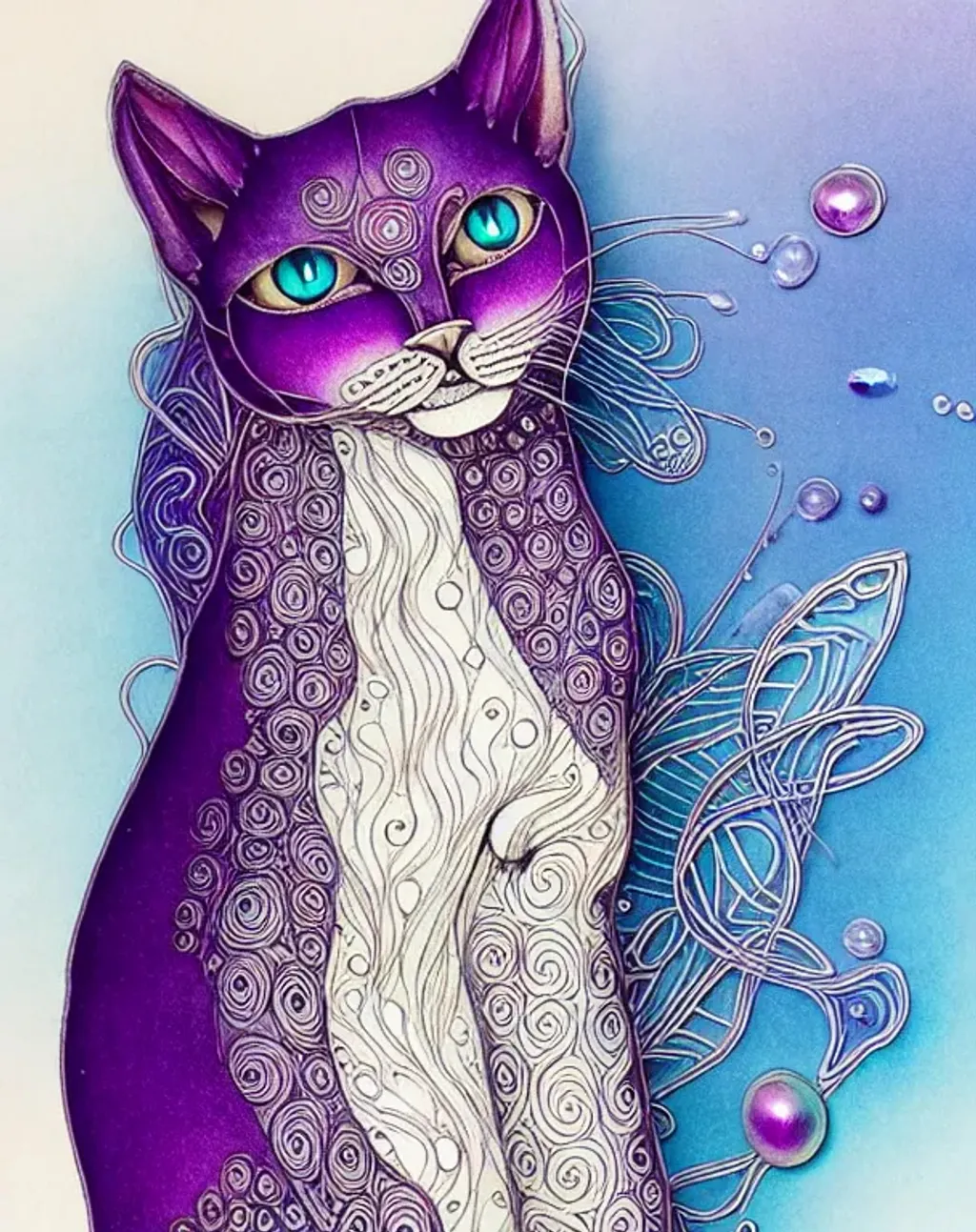 Prompt: Sitting Zentangle water cat, indigo, aubergine, cream photorealistic eyes, very fine long wispy fur, translucent colours, fursona, water droplet reflections, bejewelled, in the style of Patricia Polakko, background gradient peach,  intricate, hypermaximalist elegant aesthetic, ornate, hyper realistic, cinematic, furpunk, animecore, concept art, in the style of victo ngai, smooth, sharp focus, Unreal Engine 5, 128K UHD pi, fractal, fBm