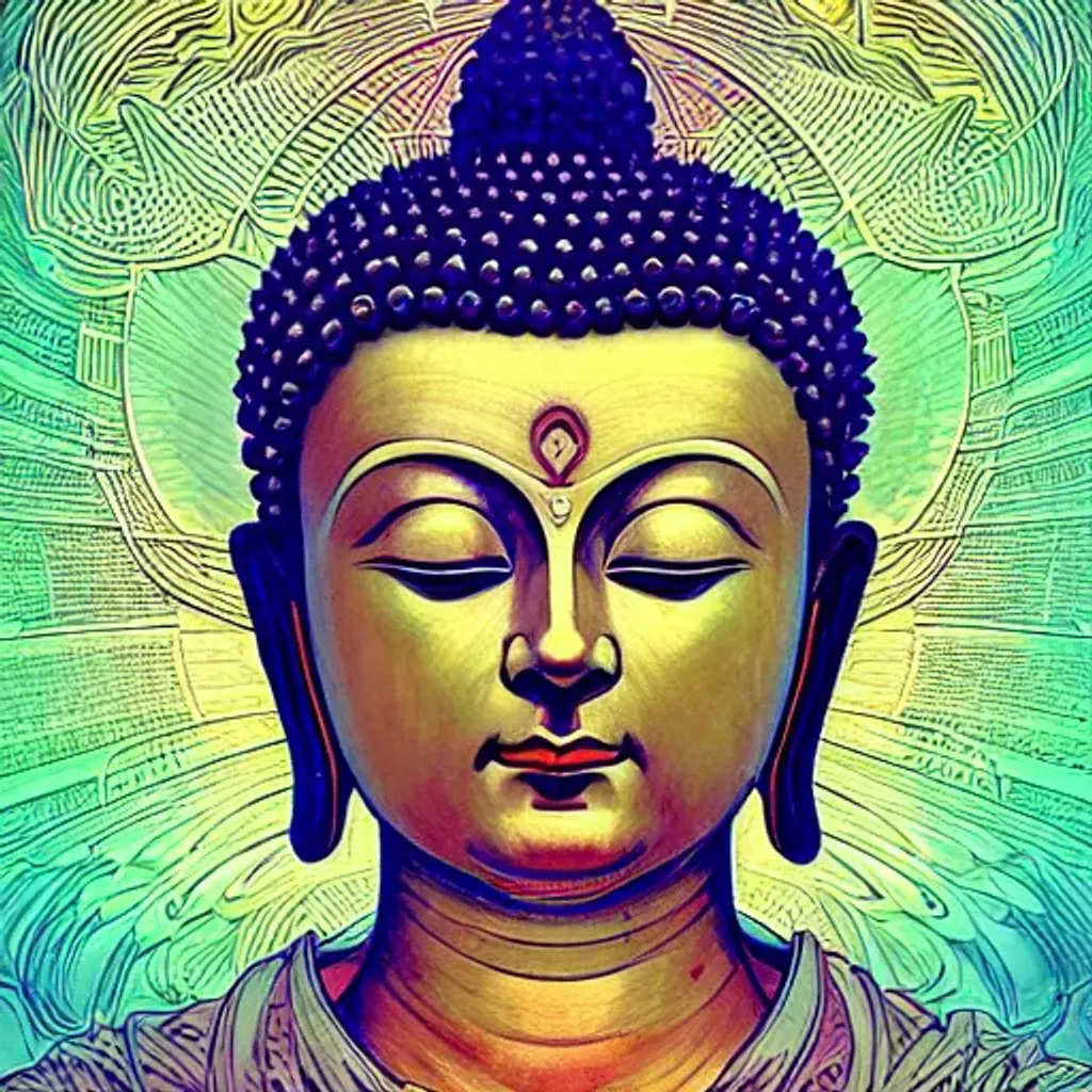 Prompt: Buddha, symmetrical, Psychedelic light, smooth, sharp focus, illustration, lineart, by greg rutkowski and alphonse mucha, soft shadows, concept art, super detailed, unreal engine 5, octane render, vfx, houdini, super realistic, ufotable studio art style, global illumination, trending in pixiv, dramatic color, ray tracing, god rays