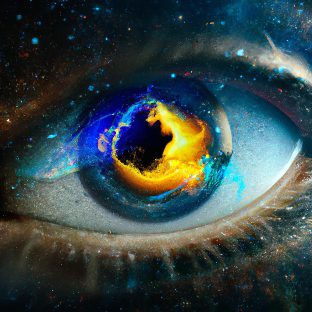 Prompt: photorealistic human eye, iris made of gold and neon blue galaxies, stars, nebula, in the style of futurism, futurism eye art, splash art, rich deep colors, professional composition, award-winning matte painting, 32k poster art, HSV, shot on a Nikon Z9, bokeh effect, magical lighting