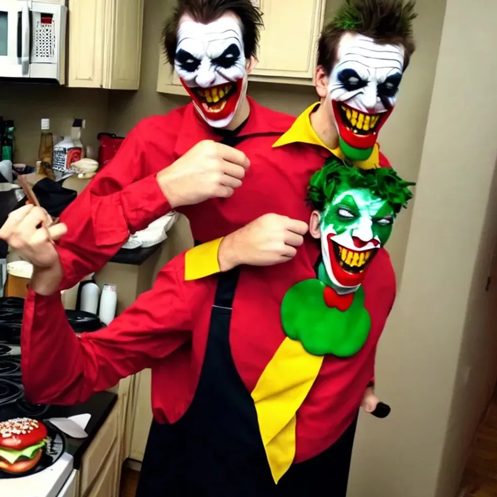 Prompt: crazy hamburger meme joker costume mad guy cooking amazing tasty