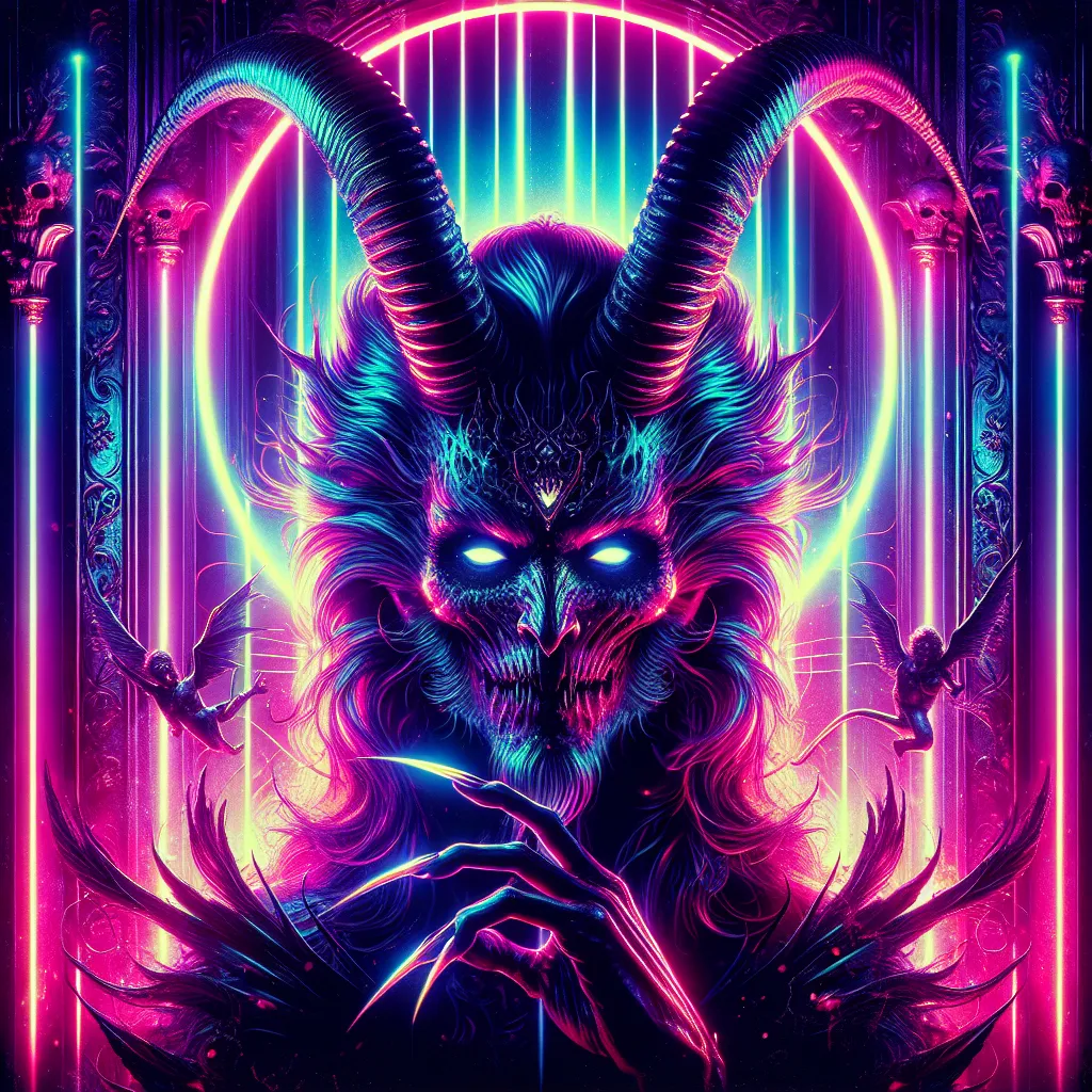 Prompt: Beautiful demonic figure in a gothic vaporwave setting, neon lights casting a dramatic glow, retro aesthetic, high definition, dramatic lighting, demonic, high quality, liminal, vivid colors, detailed features, atmospheric, haunting vibe, surreal, retro-futuristic, intense gaze, otherworldly, dark and unsettling, eerie