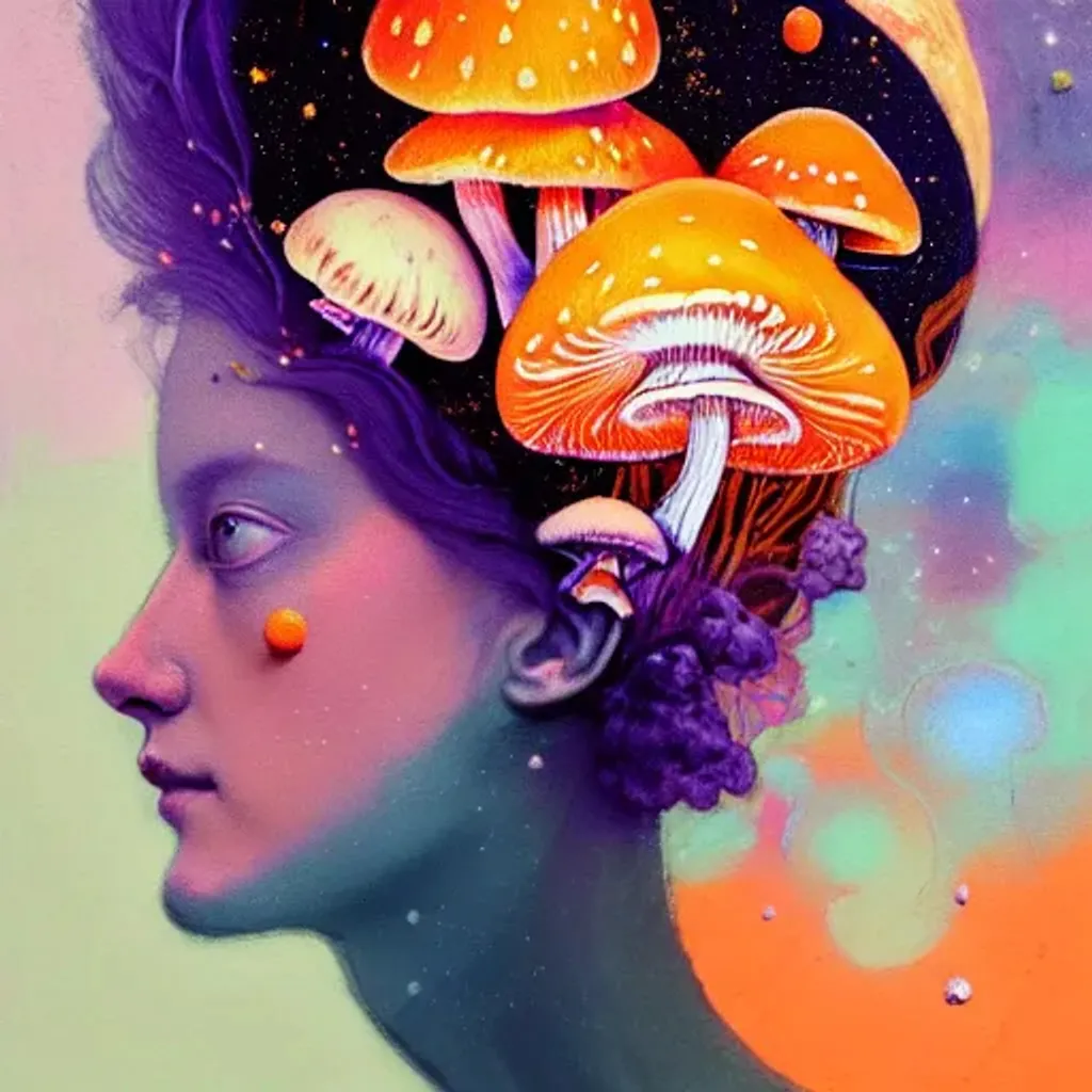 Prompt: Orange Rococo pastel portrait by Ryan Hewett, Beautiful woman with mushrooms growing out of her hair, hq, fungi, celestial, moon, galaxy, stars, victo ngai 