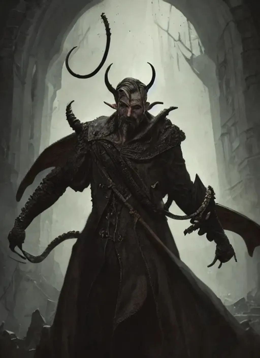 Prompt: Front of old tiefling Olgierd von Everec with batwings on his back, grey hair and with scarred face, dark dungeon, perfect composition, hyperrealistic, super detailed, 8k, high quality, trending art, trending on artstation, sharp focus, studio photo, intricate details, highly detailed, by greg rutkowski