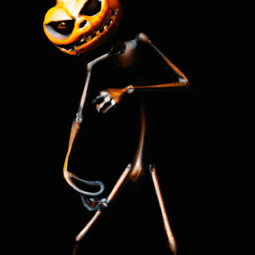 Prompt: Tall scrawnyDark  animatronic with sharp disproportionate fingers and very long sharped claws, he's feetless, he has two head of Jack-o’-lantern, with jack-o'-lantern mini heads on the torso, he has sharp bone shaped spike out behind his back, the position back of the animatric is curved 