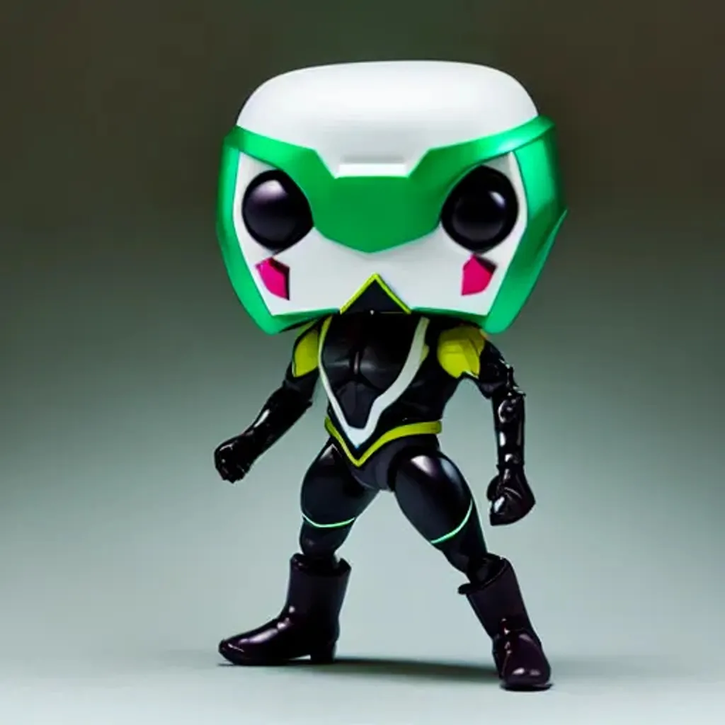 Prompt: Funko pop Kamen Rider figurine, made of plastic, product studio shot, on a white background, diffused lighting, centered