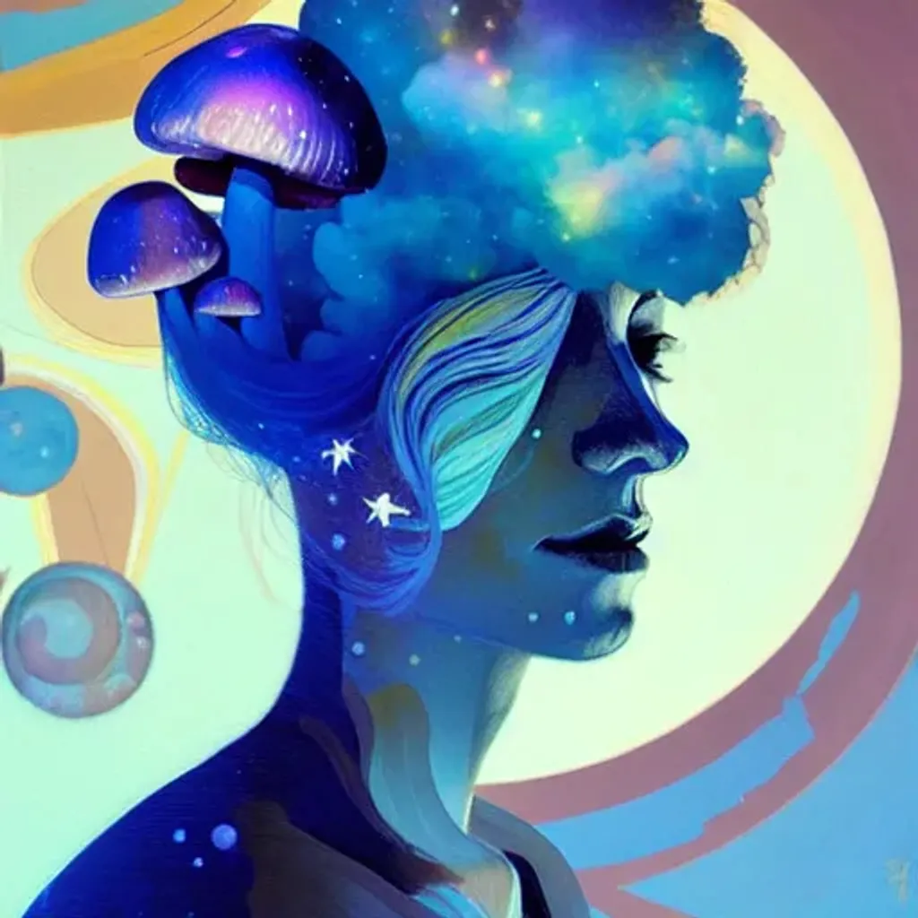 Prompt: Oil portrait by Ryan Hewett, Beautiful woman, blue hair, with mushrooms growing out of her hair, victo ngai, hq, fungi, celestial, moon, galaxy, stars 