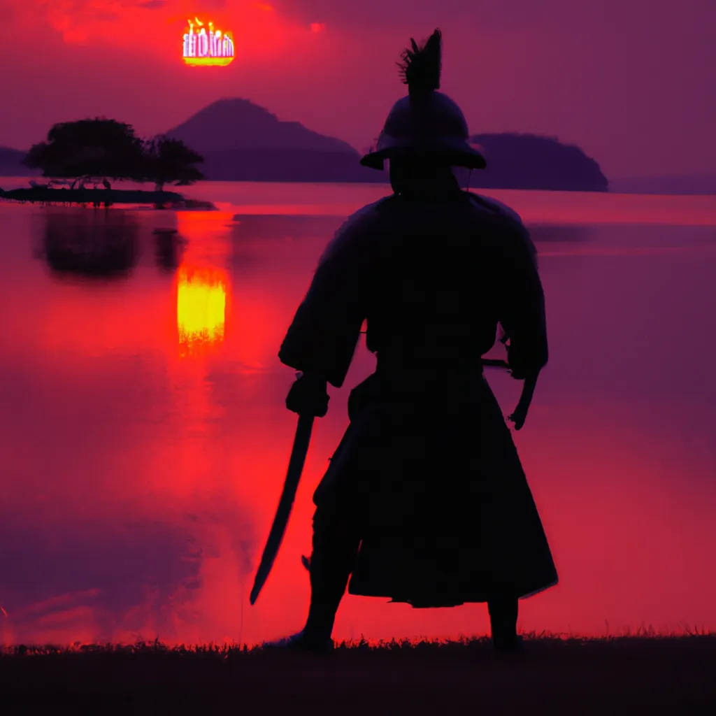 Prompt: Samurai by sunset lake