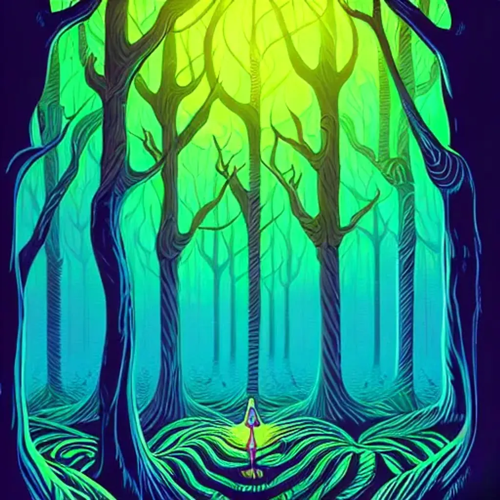 Prompt: Hypnotic illustration of a forest, hypnotic psychedelic art by Dan Mumford, pop surrealism, dark glow neon paint, mystical, Behance