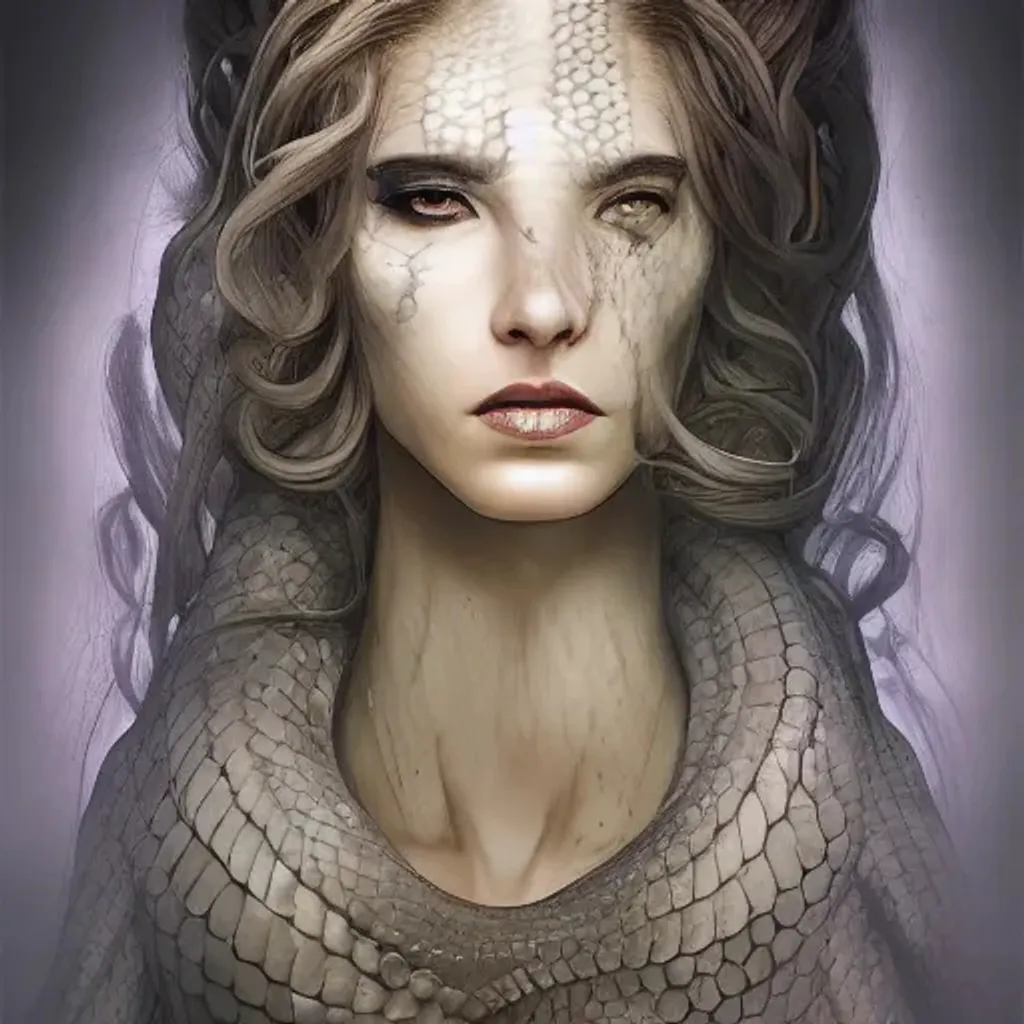 Prompt: full body portrait image of a female medusa, slender body, average height, white skin, hazel eyes, sculpted eyebrows, narrow nose, thin face, long hair, beautiful female, detailed snake hair, light skin, snake eyes, luminescent, otherworldly, high fantasy art, iridescent colors, ethereal aesthetic, fashion photography, intricate design, whimsical, atmospheric, dynamic lighting, photo realistic, cinematic lighting, intimate lighting, vulnerable lighting, calm, fantasy character, award winning masterpiece,( full body)
