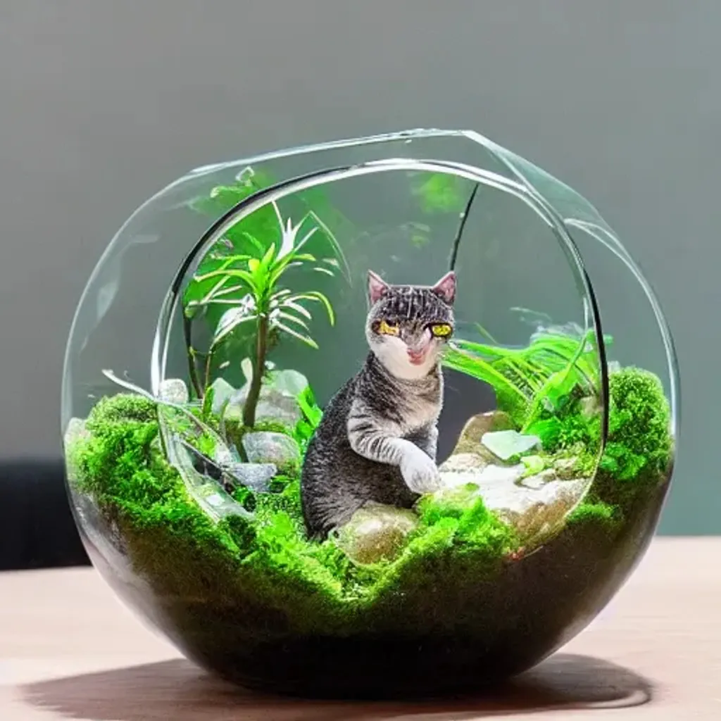 Prompt: a large terrarium witch two aquatic cats inside on top of a minimalist table, lit from the side