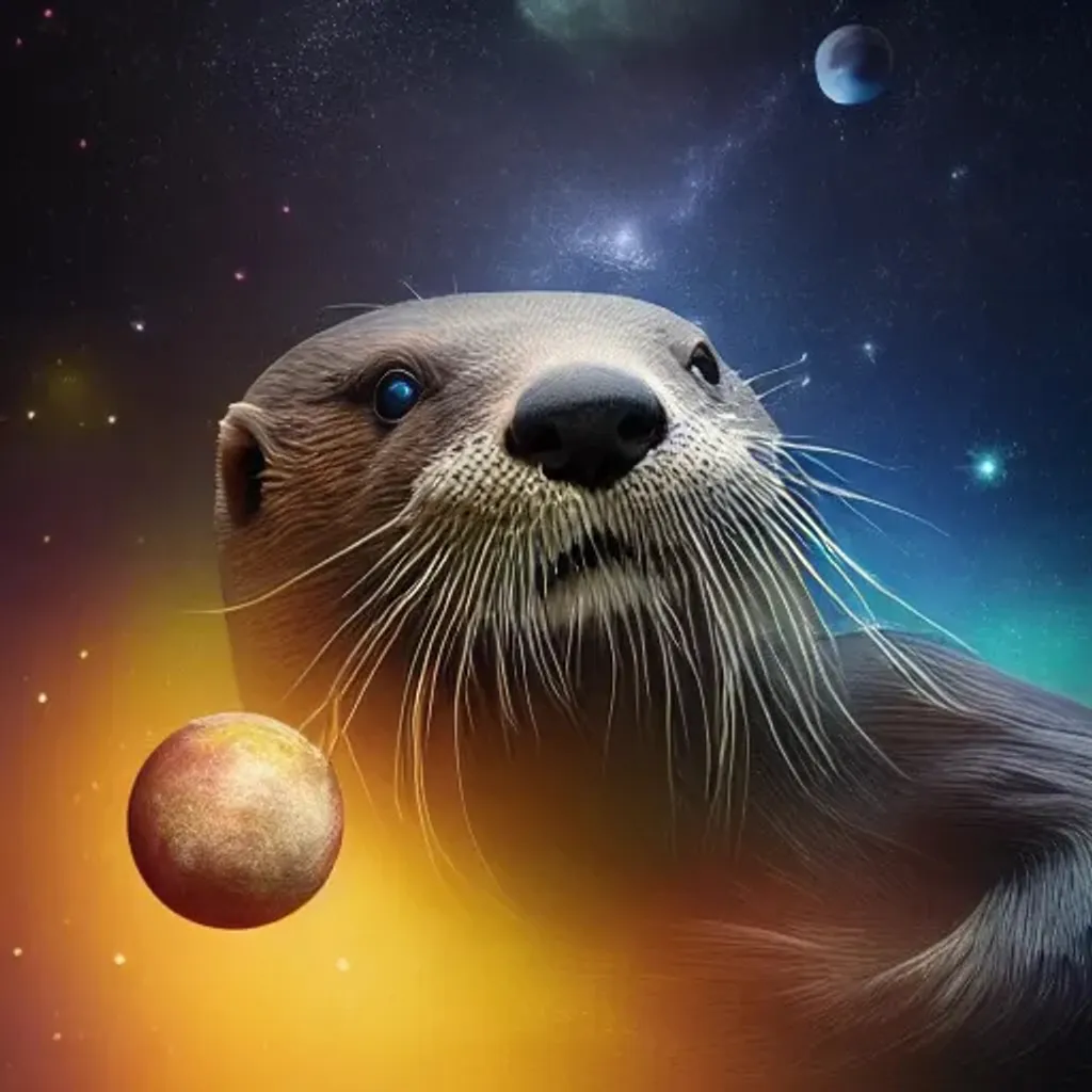 Prompt: beautiful image of an otter on its first day of creating the world and matter in the dark deep space, light and darkness separated, planets, under a black night sky of astronomical glittering starlight in the outer reaches of the solar system beyond, trending on artstation, octane render, symmetry by raqib shaw, presence of god, eye of god. 