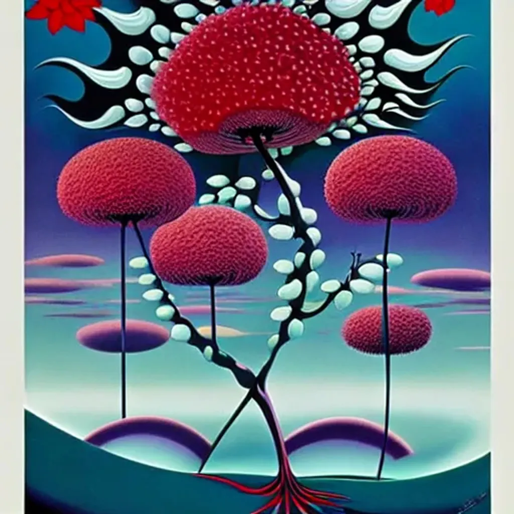 Prompt: Flower of the hopefulness, 
Flower of the loneliness, impressive surrealist painting by Tim Burton and Sho Murase and eyvind earle. Floral explosion. Rich fauna. Organic biopunk. Dystopian wasteland. Food advertisements.