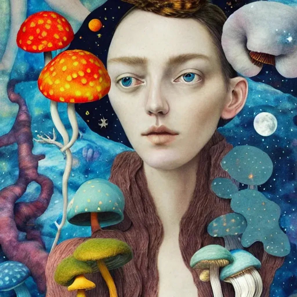 Prompt: Felt fabric portrait by Ryan Hewett, Detailed eyes, Beautiful woman with mushrooms growing out of her hair, hq, fungi, celestial, portrait, victo ngai, moon mushrooms, Jan van Eyck, galaxy, moon, stars 