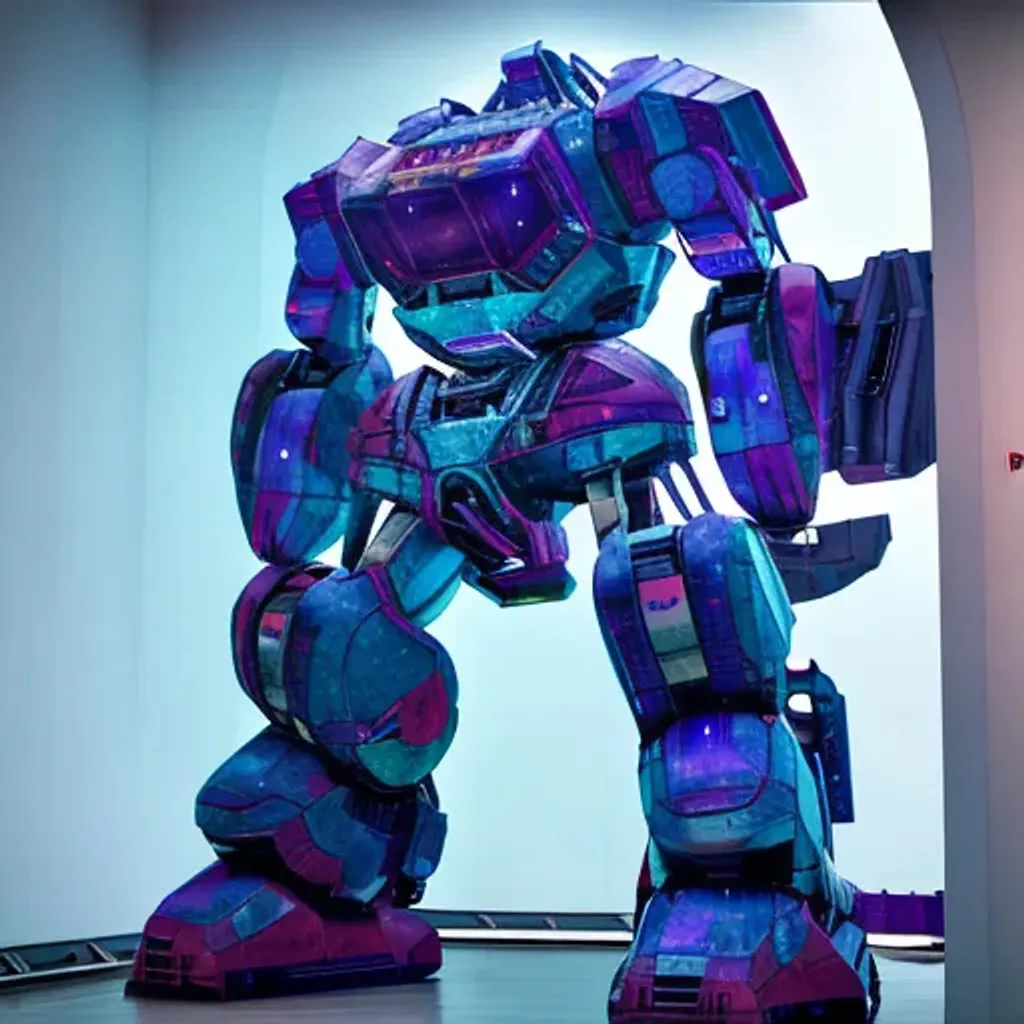 a giant mech that is galaxy-colored standing in a bi... | OpenArt