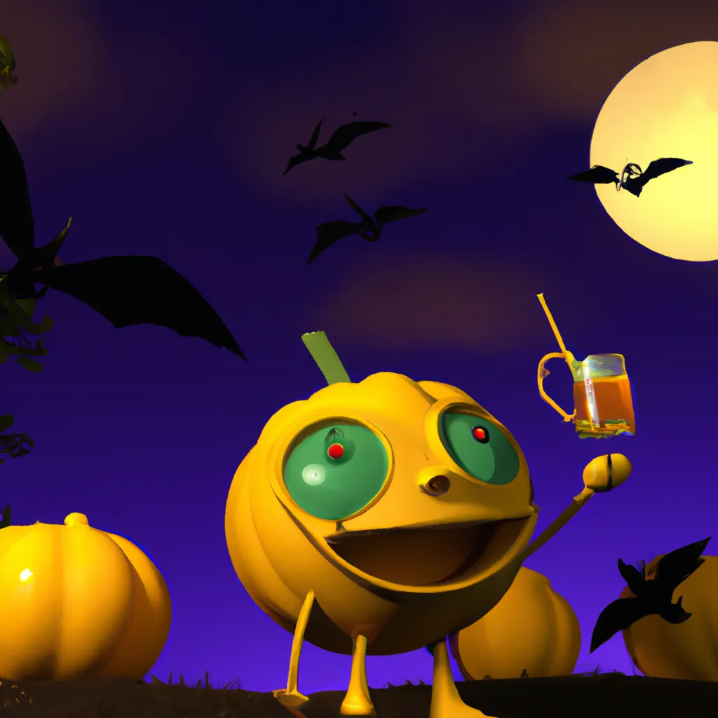 Prompt: 3d render, Midnight, Moonlight, a lemon in a pumpkin suit in a pumpkin patch, his eyes are wide open with a happy look on his face, he's drinking apple cider through a straw, bats flying in the sky