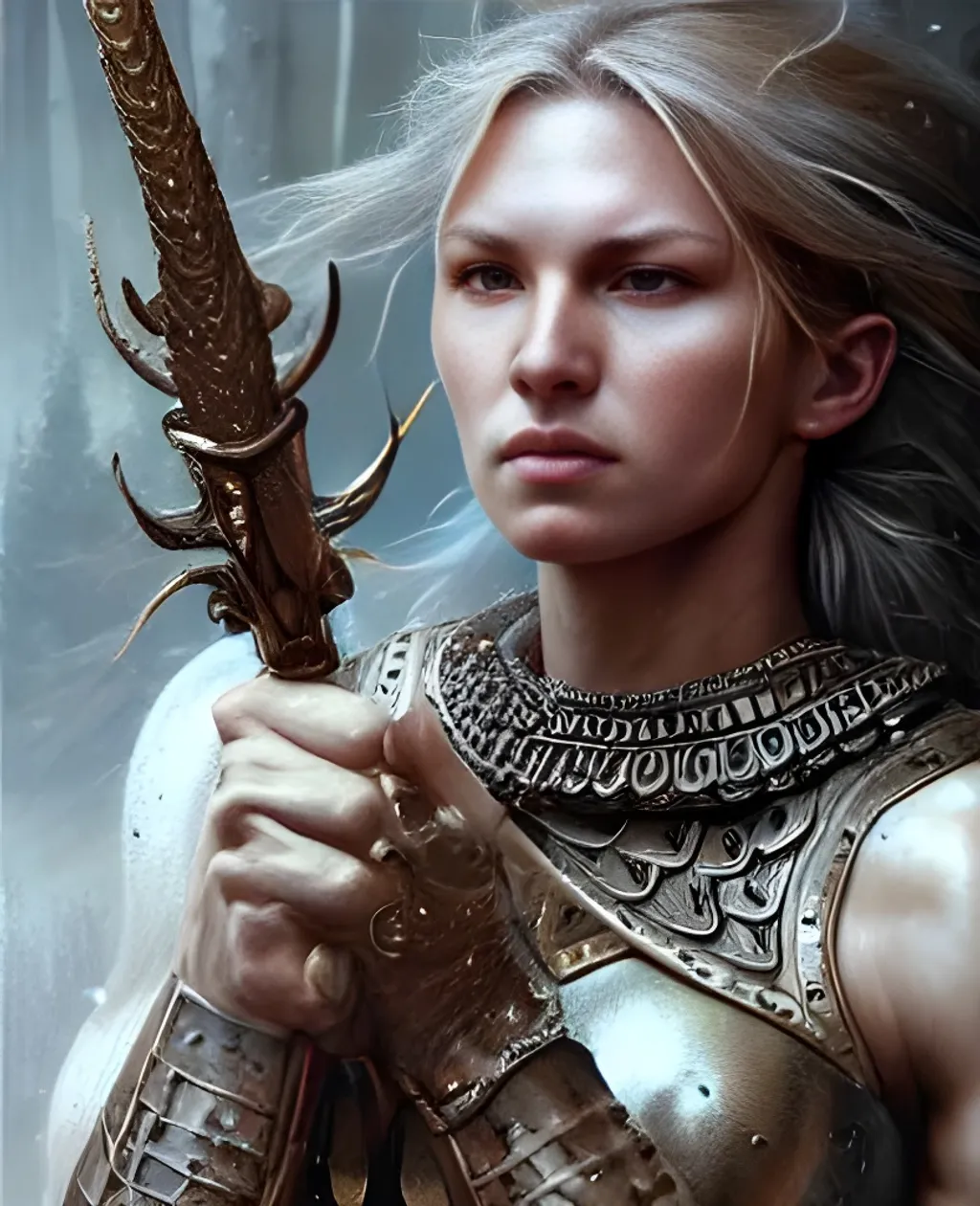 Prompt: a fierce female nordic warrior, ultra-beautiful, extremely detailed face, muscular, armored, ultra-realistic, photorealistic, realism, intricate details, highly detailed, intricate, elegant, dreamy, romantic, fierce, photorealism, pseudo-realistic by greg rutkowski, gaston bussiere, craig mullins, simon bisley