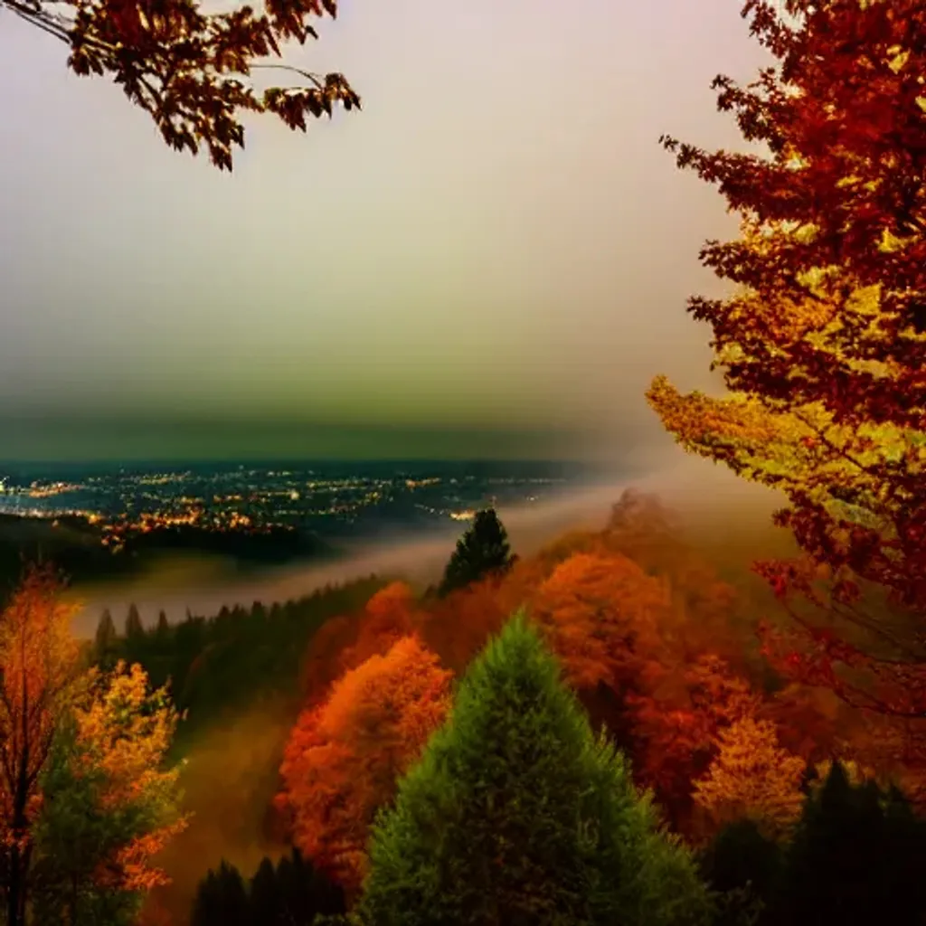 Prompt: autumn covered forested hills with city in the background, at night, soft colors, liminal fog