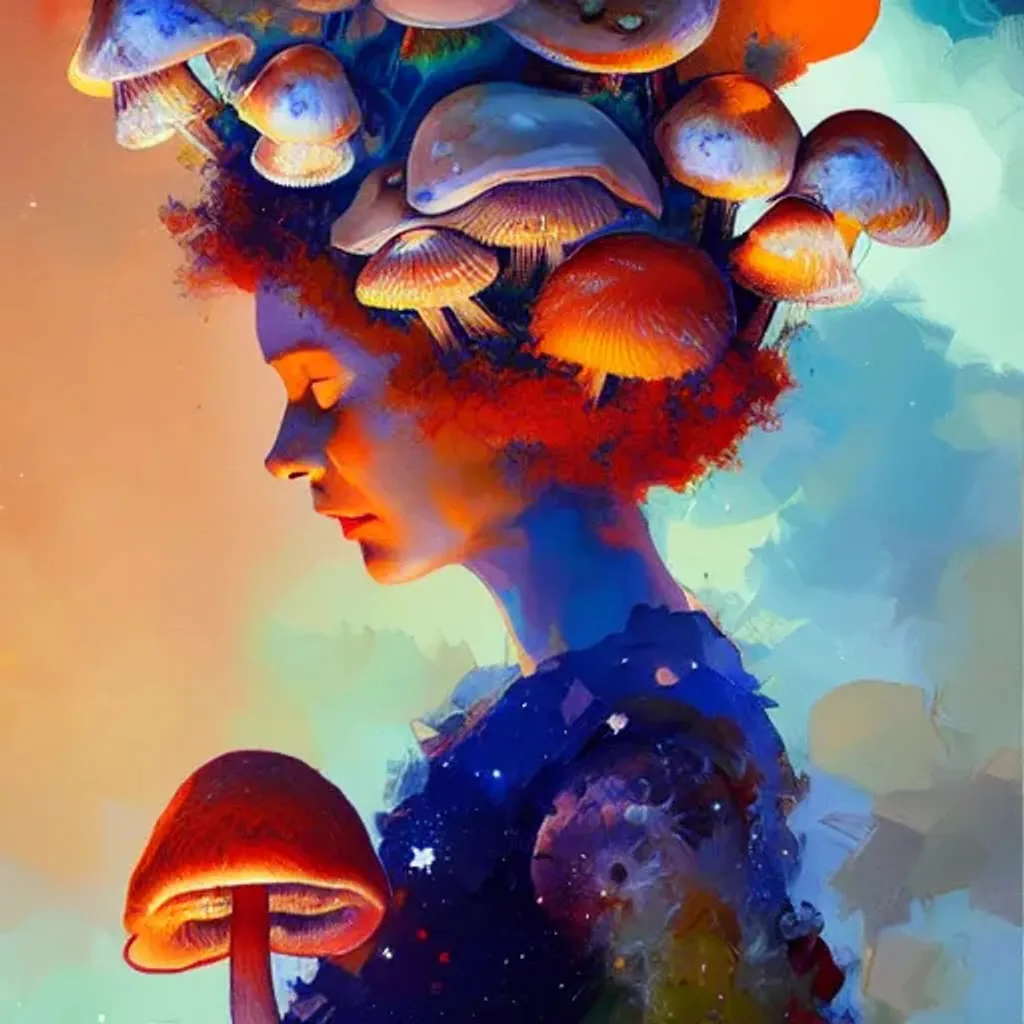 Prompt: Oil painting portrait by Ryan Hewett, Beautiful woman with mushrooms growing out of her hair, orange hair, orange lips, mushrooms, victo ngai, hq, fungi, celestial, moon, galaxy, stars 