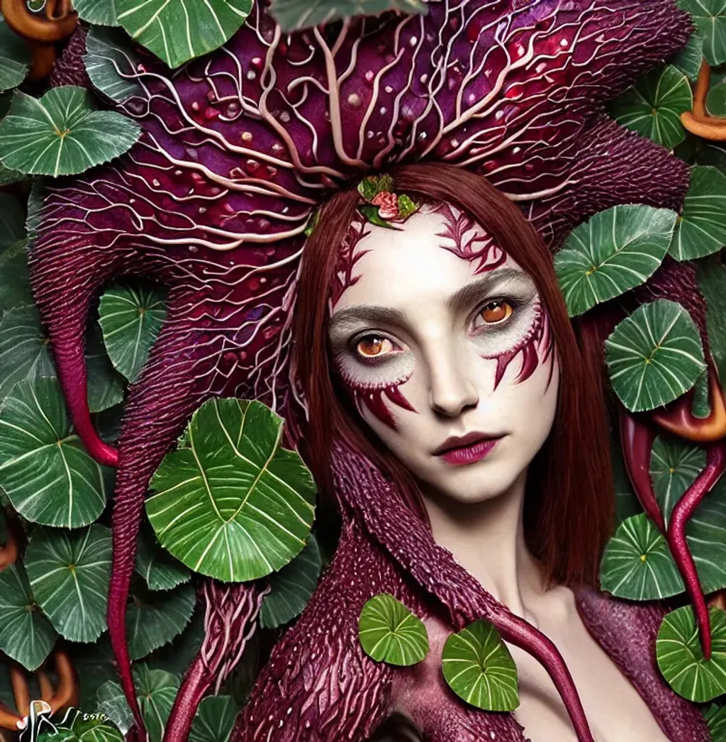 Prompt: wreathed (fox) shapeshifter humanoid carnivorous-plant goddess, beautiful pointy face, leaf veins skin details, lychen indigo cream berry apple burgundy silver photorealistic eyes, organic jewellery, by J.R. Slattum, David Meltzer, vines, tropical flowers, mushrooms mycelial growth, sundew, rafflesia, background theme alien planet with a crystal moon by Don Marquez, detailed digital illustration, intricate, elegant, ornate, hyper realistic, Daz3D 128K UHD Octane, pi, fractal fBm