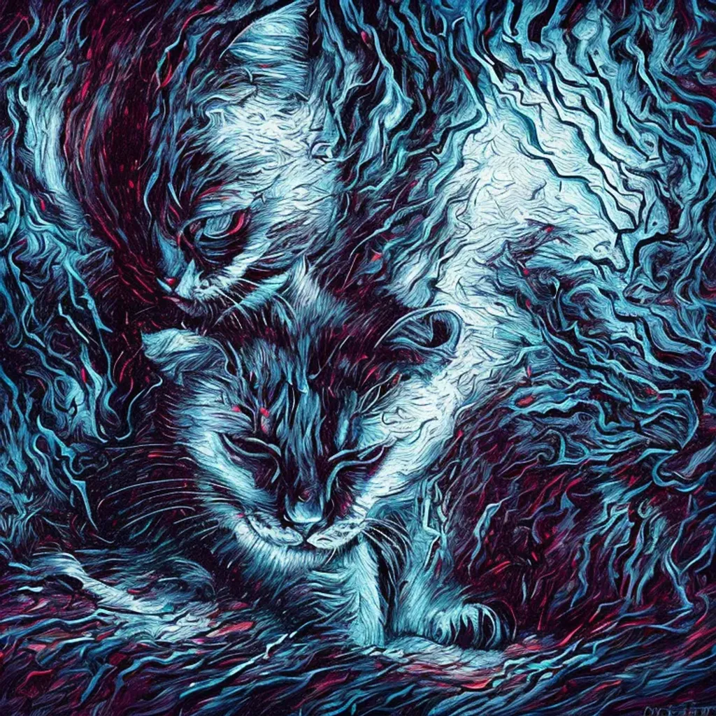 Prompt: migraines. interpretations oil painting hyperdetailed horror sinister by Dan Mumford Zdzisław Beksiński violence nightmarish Cat feline, doom